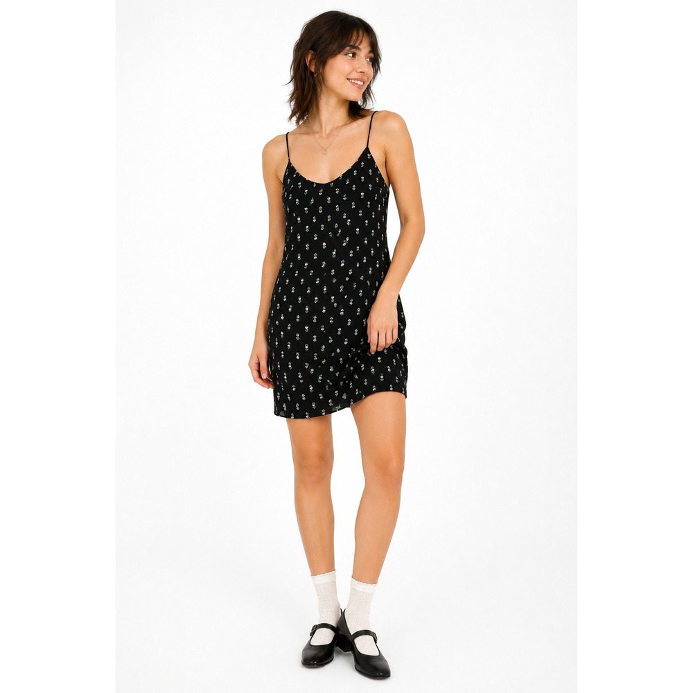 Black Ditsy Floral Slip Dress M Spaghetti Strap Y2K Cottagecore 90s Romantic